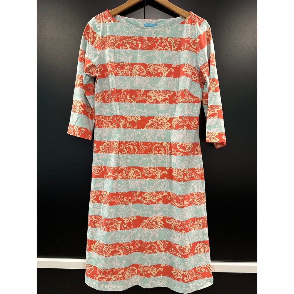 J‎ McLaughlin Catalina Cloth Paisley Stripe Dress Coral Mint 3/4 Sleeve Medium
